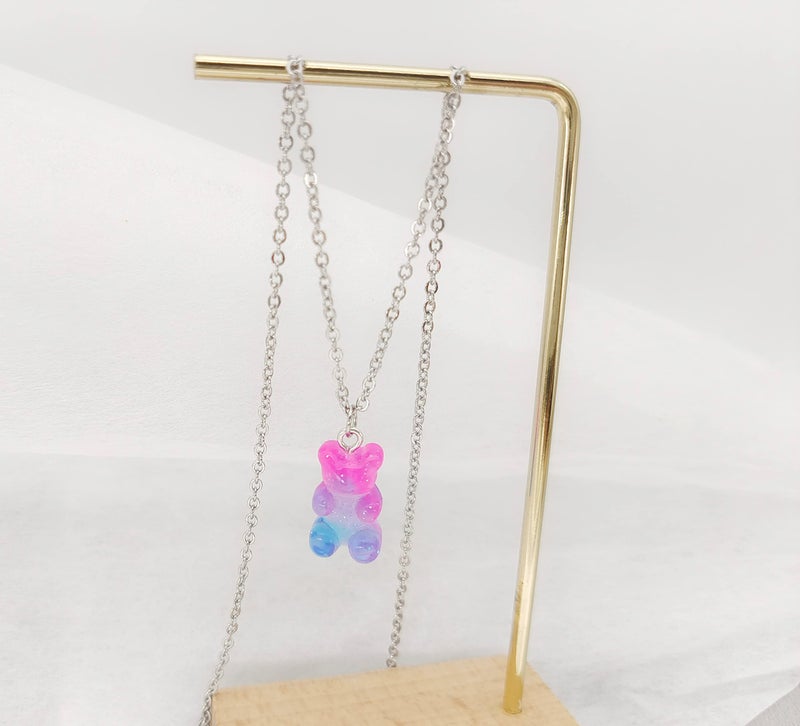 RUIZHEN Mix Multi-color Resin Gummy Bear Pendant Necklace Stainless Steel Chain(rose red) - Image 2